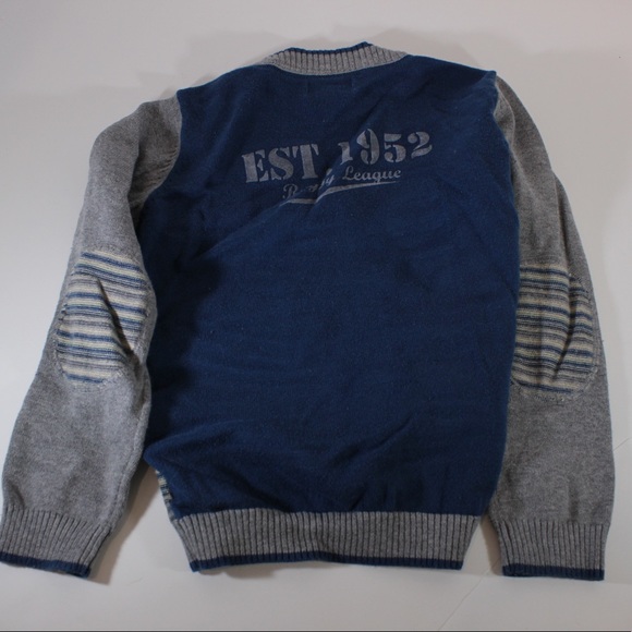 PANDEMINIUM Grey Blue Striped Cardigan Sweater Back Graphic Elbow Patches - Picture 4 of 5